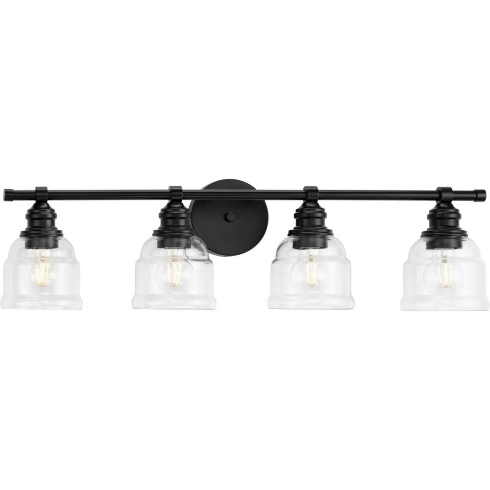 Ambrose Collection Four-Light Farmhouse Matte Black Clear Glass Bath Vanity Light