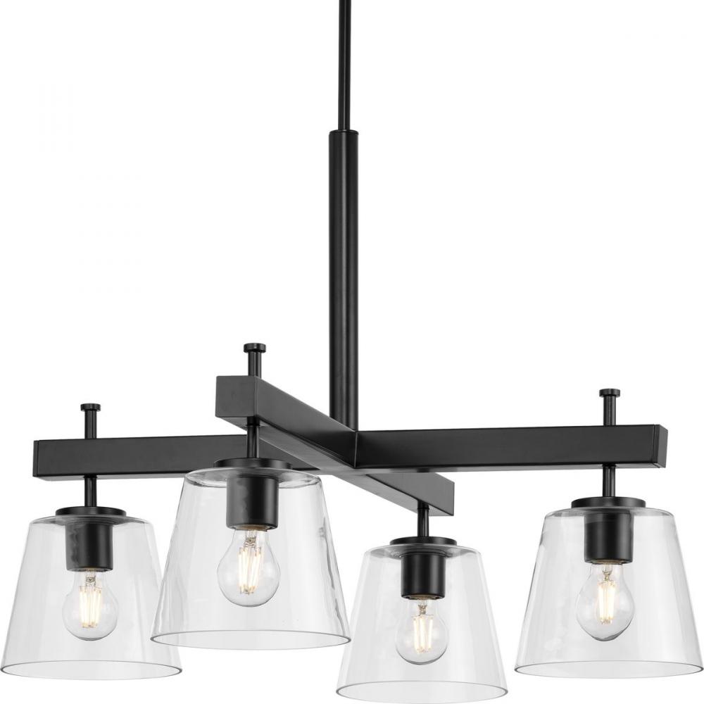 Saffert Collection Four-Light New Traditional Matte Black Clear Glass Chandelier Light