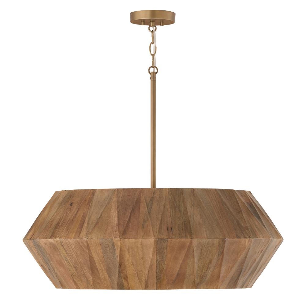 6-Light Pendant in Hand-distressed Patinaed Brass and Handcrafted Mango Wood