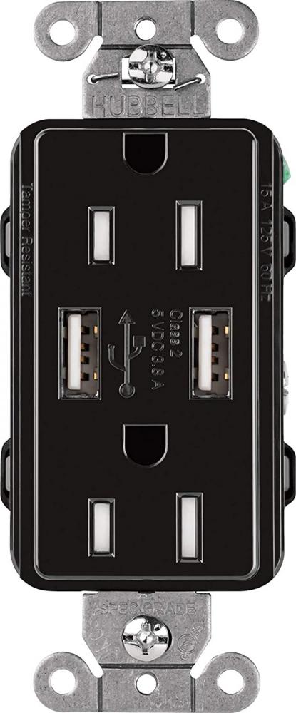 15A CLARO RECEPTACLE W/ USB, BLACK