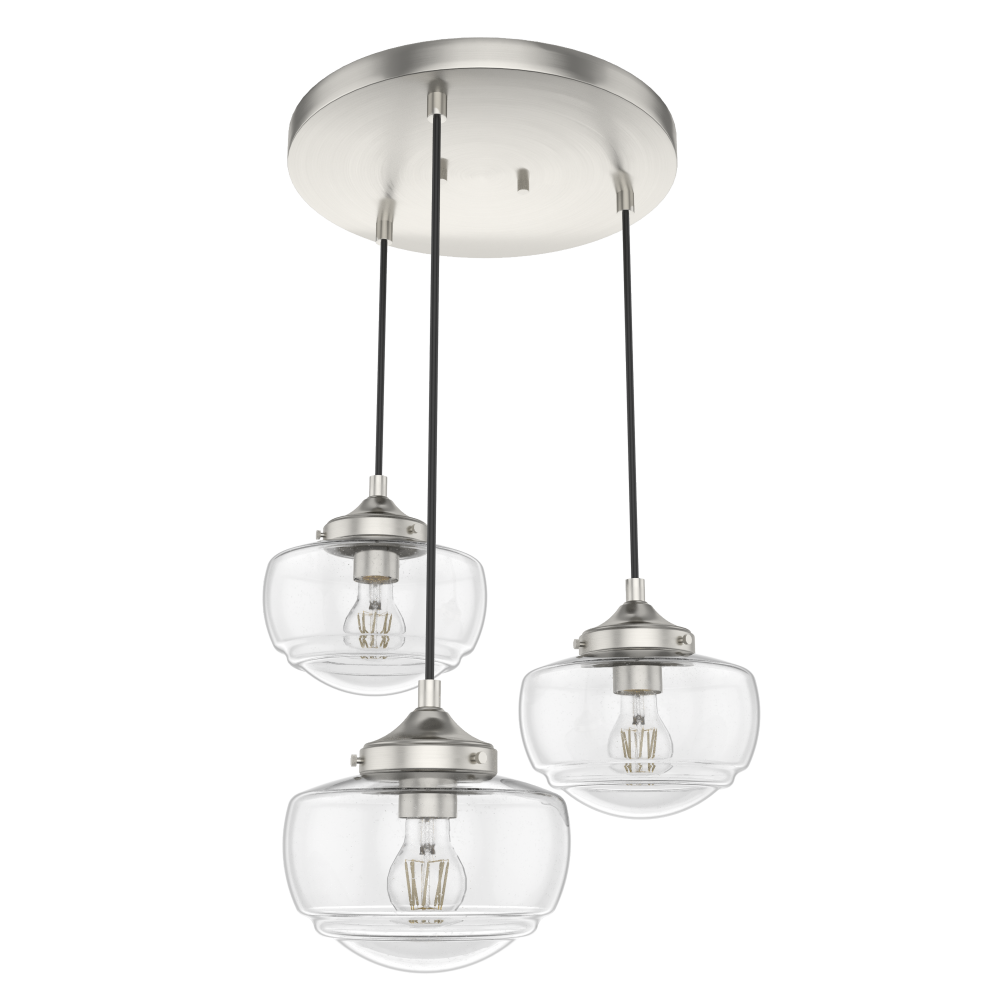 Hunter Saddle Creek Brushed Nickel with Seeded Glass 3 Light Pendant Cluster Ceiling Light Fixture