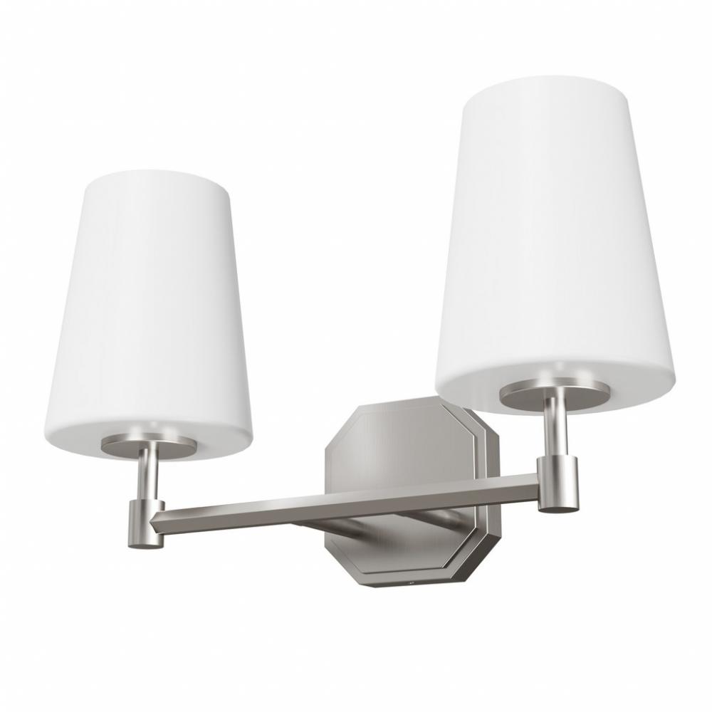 Hunter Nolita Brushed Nickel with Cased White Glass 2 Light Bathroom Vanity Wall Light Fixture