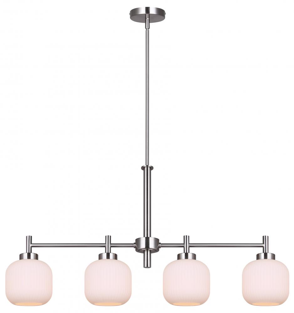 4 Lt Rod Chandelier, Flat Opal Ribbed Glass, 60W Type A