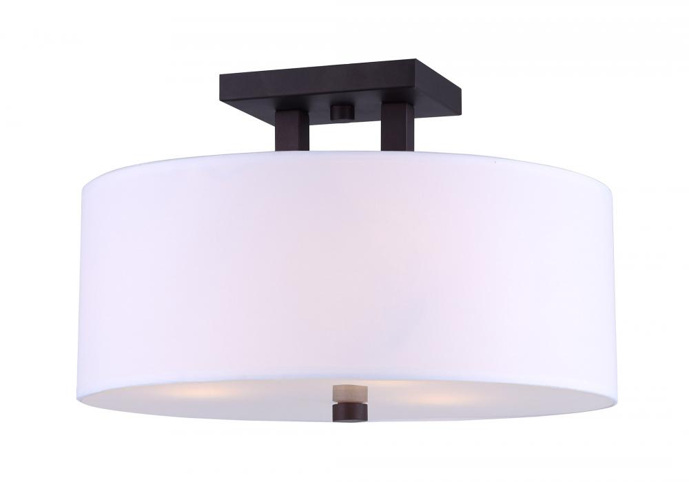 River, 3 Lt Semi-Flush mount, White Fabric Shade + Glass Panel, 60W Type A, 15" x 10"