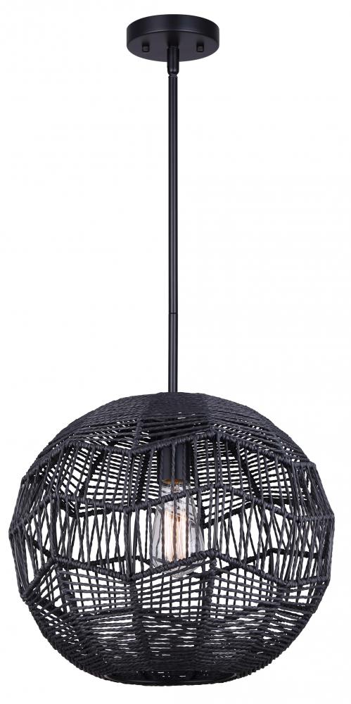 Leona 60-Watt 1 Light Matte Black Modern Pendant with Black Natural Rope Shade