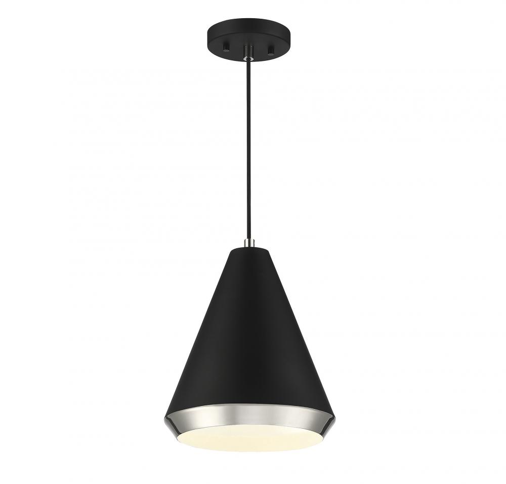 1-Light Pendant in Matte Black with Polished Nickel